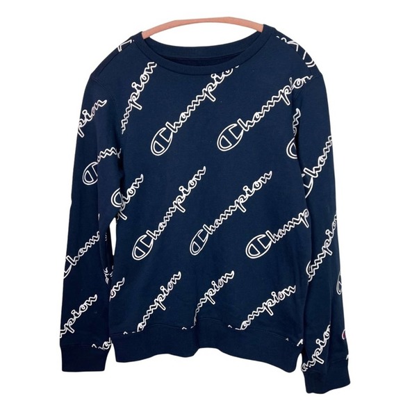 Champion Tops - CHAMPION Navy Blue White All Over Spell Out Long Sleeve Crew Neck Sweatshirt XL